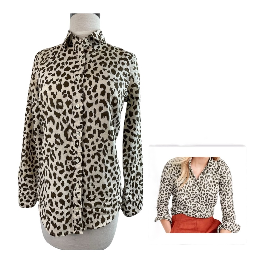 J. Crew Cheetah Print Linen Blend Perfect Button Down Shirt, Size 00 Long Sleeve